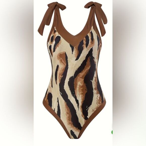 Brown Zebra Print Stretchy V Neck Bow Tie Shoulder One-piece Bohemian Size XL - Picture 1 of 14